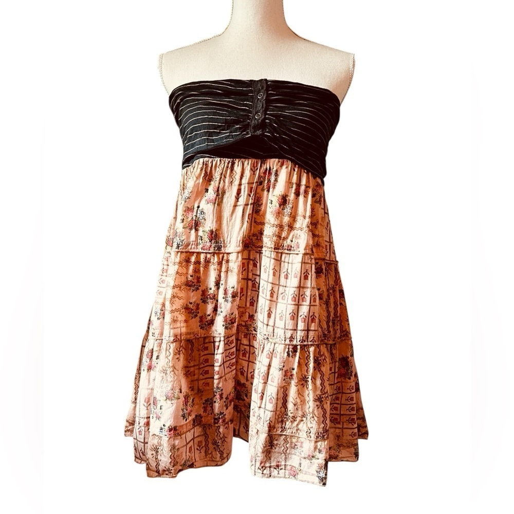 Muchacha Strapless Black and Peach Colored Tiered Midi Casual Dress Size Medium